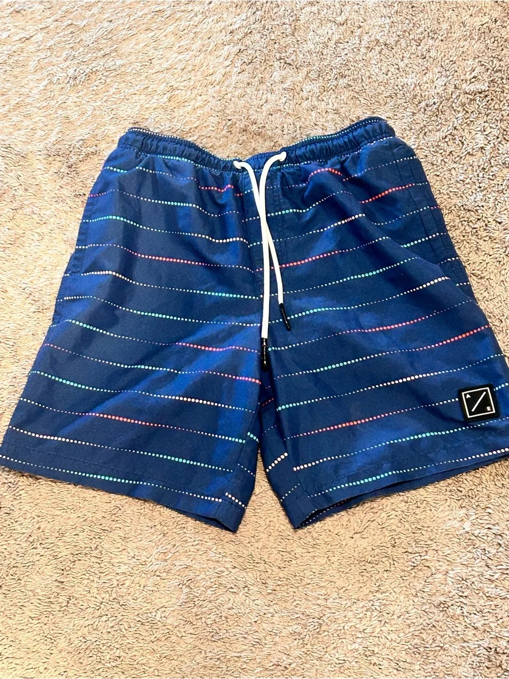 American Eagle Outfitters Navy Swim Trunks with Multicolor Dotted Stripes Small
